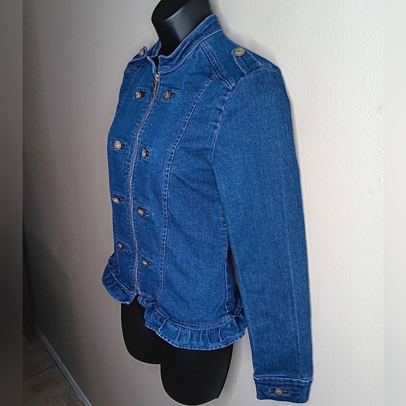 Mayoral Girls Size 16 Denim Jean Jacket Peplum Ruffle Full Zip 162cm Designer - Picture 3 of 8